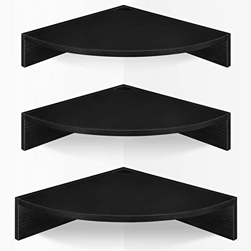 Corner Floating Shelves, Set of 3 Corner Shelves Wall Mounted with Cable Hole, 3 Tier Wooden Hanging Corner Storage Shelf for Bedroom, Living Room, Kitchen, Black - color: Black