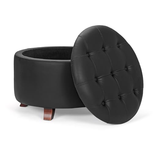 Athena Collection 24.5 Inch Small Ottoman with Storage, Round PU Leather Storage Ottoman Foot Rest with Removable Lid, Multipurpose Footstool Footrest for Livingroom, Bedroom, Dorm, Black - color: Black, size: 24.5"D x 24.5"W x 17"H