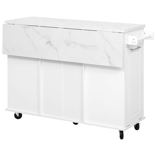 50.7" Kitchen Island with Storage Tilt Trash Can Cabinet and Pull Out Cabinet Organizer, Rolling Kitchen Island on 5 Wheels with Drop Leaf (White/tt) - color: White/Tt)