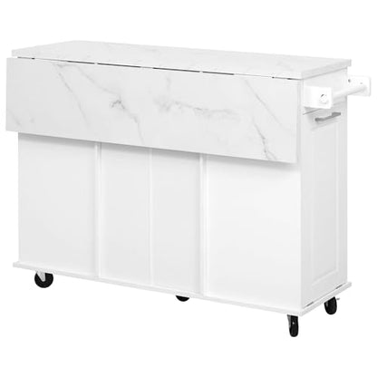50.7" Kitchen Island with Storage Tilt Trash Can Cabinet and Pull Out Cabinet Organizer, Rolling Kitchen Island on 5 Wheels with Drop Leaf (White/tt) - color: White/Tt)
