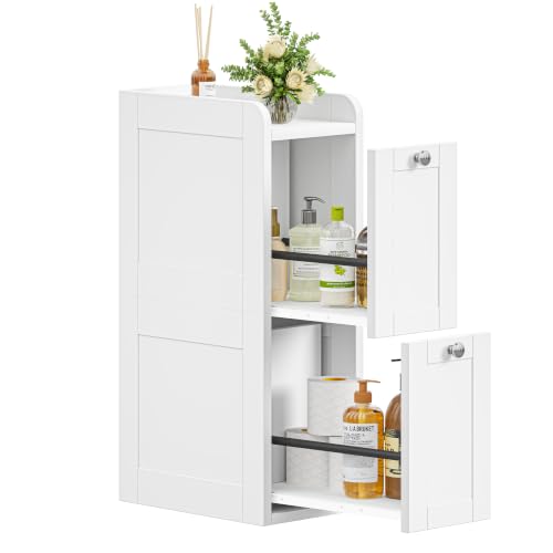 Keehusux Slim Bathroom Storage Cabinet with 2 Slide Out Drawers, White | Narrow Storage Organizer, Anti-drop Guardrail, Freestanding Toilet Paper Holder for Kitchen Corner and Small Spaces, Modern