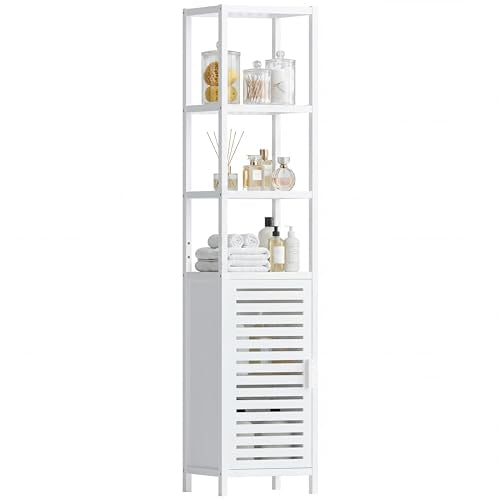 HITNET Bathroom Tall Cabinet, Floor Standing Bamboo Storage Cabinet with 6 Shelves and Shutter Door for Kitchen Living Room, White - color: White
