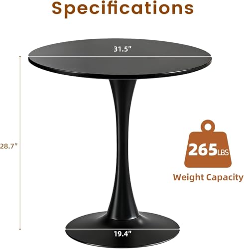 Tulip Table, 31.5" Round Dining Table with Thickened Tabletop & Metal Pedestal, Circle Bistro Table for Kitchen, Small Places, Living Room, Cafe (Black) - color: Black