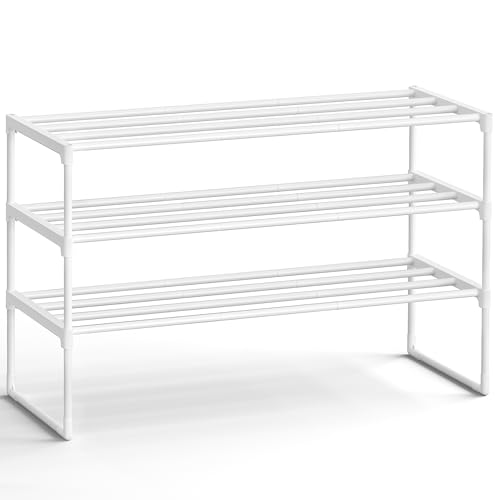 SONGMICS Shoe Rack, 3-Tier Shoe Organizer, Metal Storage Shelf | for Entryway, Upright or Upside Down, for 16-20 Pairs, Stackable, 11.8 x 36.2 x 21.7 Inches, Pearl White ULSA303W03 - color: Pearl White, size: 3 Tiers (36.2"W)