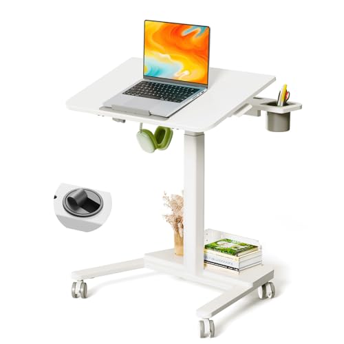Mobile Standing Desk with Storage Shelf & 60° Tiltable Top | 28" Height Adjustable Rolling Laptop Desk on Wheels, Portable Computer Workstation for Working, Drawing, Crafting, White