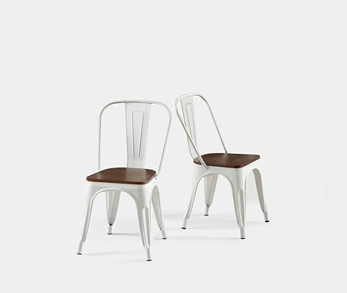 Arctic White Color,Metal Dining Chairs Set of 2 with Wooden Seat | Iron Stackable Industrial Tolix Style Outdoor Farmhouse Kitchen Cafe - color: Arctic White