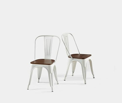 Arctic White Color,Metal Dining Chairs Set of 2 with Wooden Seat | Iron Stackable Industrial Tolix Style Outdoor Farmhouse Kitchen Cafe - color: Arctic White