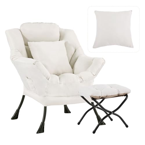 Lazy Chair with Ottoman, Comfy Reading Chair for Bedroom，Beige | Comfy Bedroom Accent Chair with Washable Removable Cover and extra throw pillow for Living Room Dorm - color: Peach Beige-1