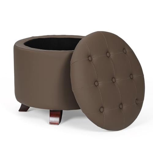Athena Collection 20 Inch Small Ottoman with Storage, Round PU Leather Storage Ottoman with Removable Lid, Stylish Footstool Foot Rest for Living Room, Bedroom, Dorm, Brown - color: Brown, size: 20"D x 20"W x 17"H