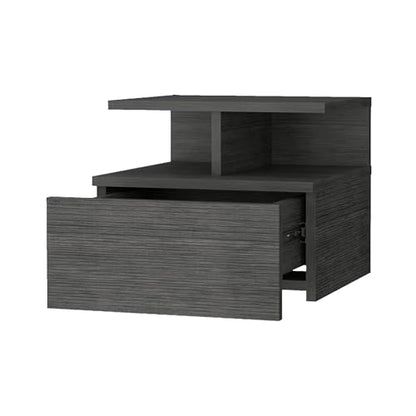 FM FURNITURE Floating Nightstand with Drawer and 2 Tier Shelf, Wall Mounted Bedside Table, Space Saving End Table for Bedroom, Smokey Oak, 14" Wide - color: Smokey Oak