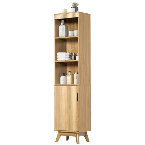 Bifins 68" Tall Bathroom Storage Cabinet,Narrow Fluted Tower Cabinet with Door and Shelves,Slim Space Saving Storage Unit for Bathroom Kitchen Living Room (Natural, 11.8" D x 15.75" W x 68" H) - color: Natural, size: 11.8"D x 15.75"W x 68"H