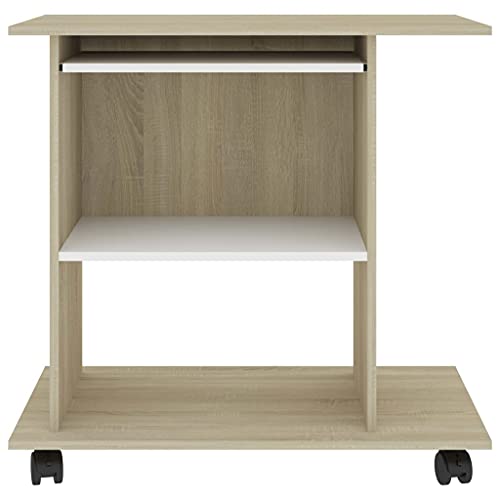 Compact Computer Desk 19.7x31.5x29.5 in, Engineered Wood PC Workstation on Wheels with 3 Shelves for Home Office - color: White and Sonoma Oak