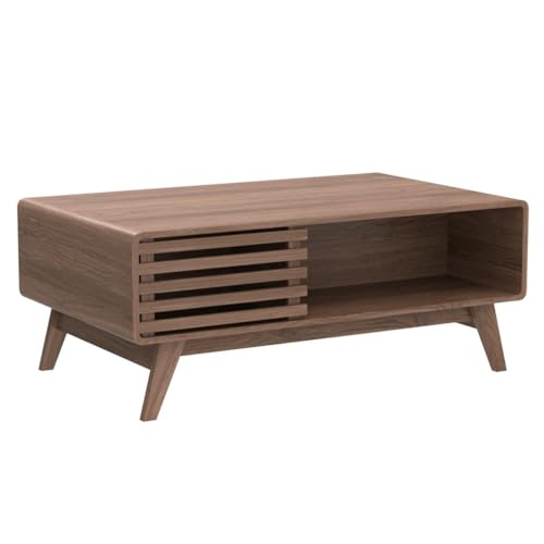 mopio Ensley Dual-Side Storage Coffee Table – Mid Century Modern Fluted Wood Table with 4 Compartments for Living Room Organization, Curved Safety Edges, Tapered Legs (Walnut, 39.2" W x 23.2" D) - color: Walnut