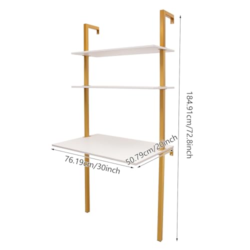 Industrial Wall Mount Desk, 3-Tier Ladder Computer Desk, 30inch Floating Computer Writing Table with Storage Shelves for Home Office Small Spaces (Gold+White) - color: Gold+white