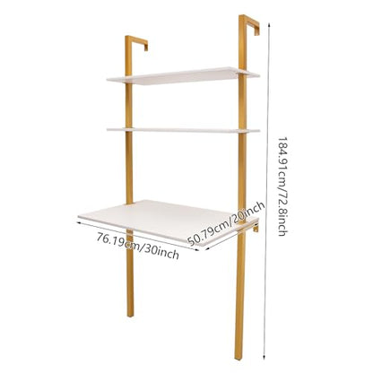 Industrial Wall Mount Desk, 3-Tier Ladder Computer Desk, 30inch Floating Computer Writing Table with Storage Shelves for Home Office Small Spaces (Gold+White) - color: Gold+white