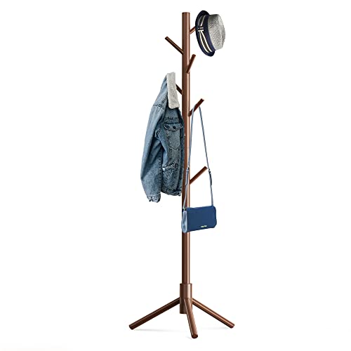 Hupmad Wooden Tree Coat Rack Stand,Sturdy Freestanding Coat Rack with 8 Hooks,3 Adjustable Height for Child Adult,Wood Coat Stand Tree Fits Entryway Bedroom Office for Bags,Hats - color: Brown, size: 1 PC