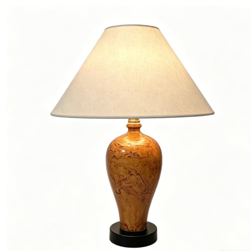 Ceramic Table Lamp, Rustic Orange Glaze Bedside Lamp with Linen Shade, Minimalist Accent Lamp for Bedroom Living Room