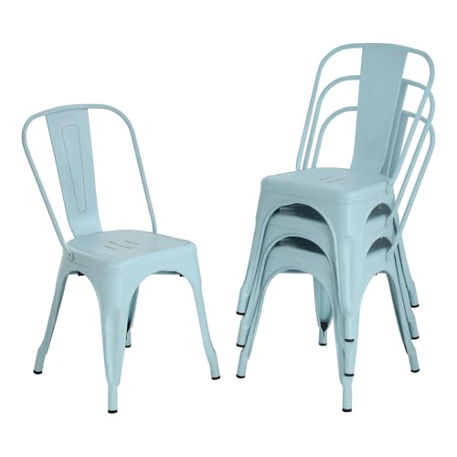 Dopinmin Dining Chairs Set of 4, Blue Metal Armless Stackable Indoor/Outdoor Patio Chairs, 18' Seat Height - color: Blue
