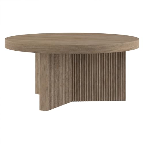 Henn&Hart 32" Scandinavian Fluted Coffee Table, Weathered Gray | Ribbed pedestal base and low profile bring Scandinavian style to small spaces including living rooms or family rooms - color: Weathered Gray, size: 32 inches
