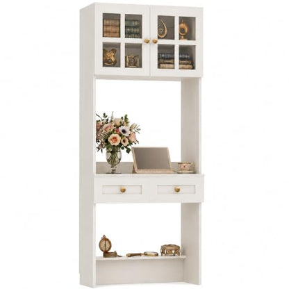 Besiost Farmhouse Desk with Glass Hutch, Small Writing Study Desk with Drawers, Multi-Function Desk for Home Office, Bedroom, Kitchen, Distressed White (27.6" L × 11.8" D × 80" H) - color: Distressed White, size: 27.6"