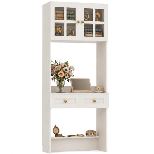 Besiost Farmhouse Desk with Glass Hutch, Small Writing Study Desk with Drawers, Multi-Function Desk for Home Office, Bedroom, Kitchen, Distressed White (27.6" L × 11.8" D × 80" H) - color: Distressed White, size: 27.6"