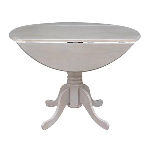 IC International Concepts, 42" Round Dual Drop Leaf Pedestal Dining Table, Solid Real Wood, Sturdy Parawood, Dimensions 42"D x 42"W x 29.5"H, 20mm thickness, 40lbs Weight Capacity, Washed Gray Taupe - color: Washed Gray Taupe