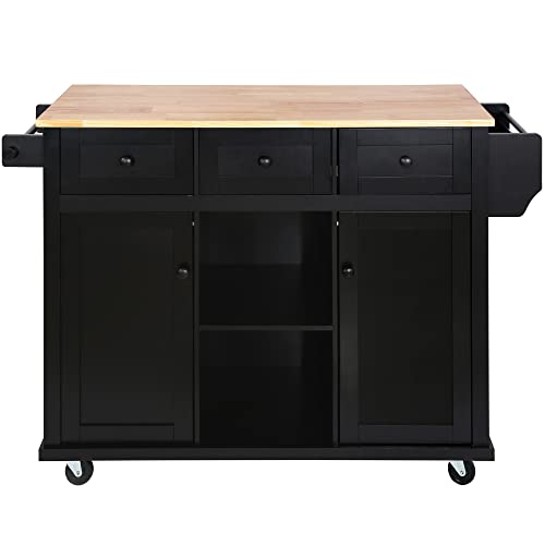 Kitchen Island, Rolling Kitchen Cart with Drop Leaf Top | Drop leaf countertop expands prep and serving space, folds down to save room in compact kitchens or dining areas - color: Black + Mdf + Rubber Wood