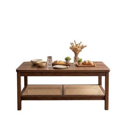 GAOMON 2-Tier Coffee Table for Living Room, Rectangular Center Table with Rattan Storage Shelf for Small Space, Easy Assembly, Walnut - color: Walnut