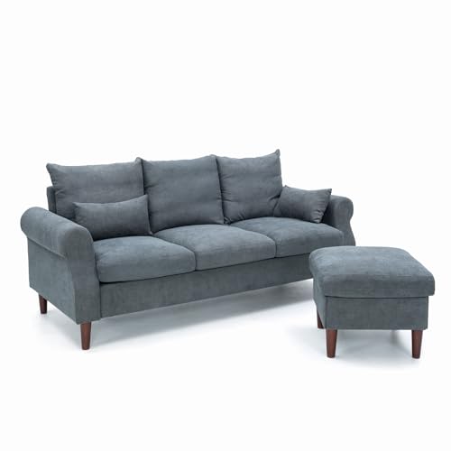 Panana 3 Seater Sofa with Footstool Set, Rolled Arm Classic Couch, Solid Wood Legs Settee for Small Living Room Office Lounge (Gray, 3 Seater with Ottoman) - color: Gray Linen Fabric, size: 3 seater with ottoman