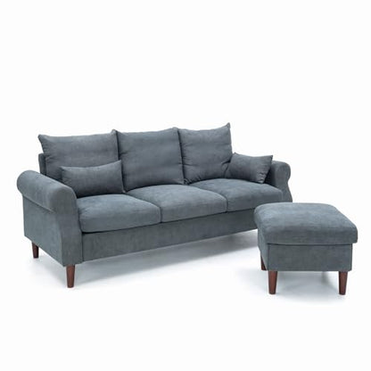Panana 3 Seater Sofa with Footstool Set, Rolled Arm Classic Couch, Solid Wood Legs Settee for Small Living Room Office Lounge (Gray, 3 Seater with Ottoman) - color: Gray Linen Fabric, size: 3 seater with ottoman