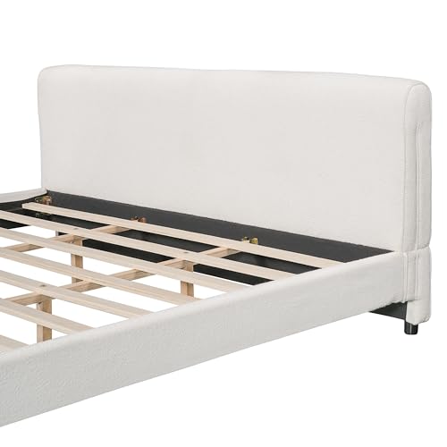 Merax Queen Size Luxury Bouclé Upholstered Bed Frame, White | Modern Curved Platform Bed with Rounded Headboard & Footboard, No Box Spring Needed, Solid Wood Slats Support, Easy Assembly - size: Queen