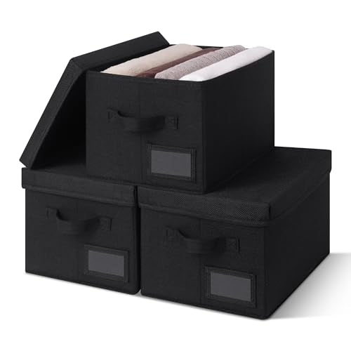 GRANNY SAYS Storage Bins with Lids, Decorative Storage Boxes with Lids | Storage Box with Dust Cover, Handles & Lable, Collapsible, Ideal for Closet Clothes Blanket Toys, Medium, Black, 3-Pack - color: Black, size: Medium