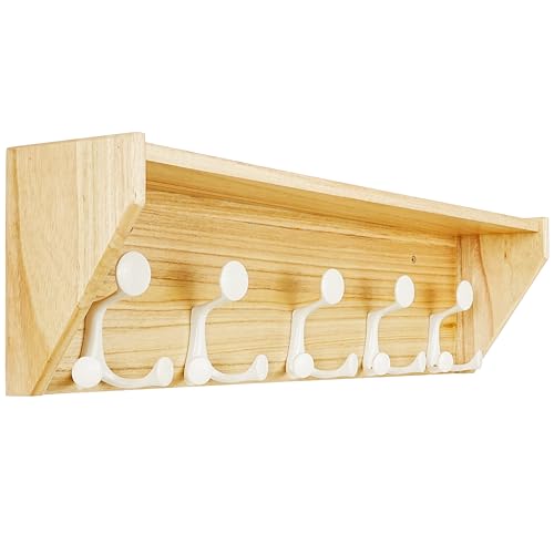 SKOLOO Wall Shelf with Hooks, 24-Inch Coat Rack Wall Mount with Shelf Organizer - Lightweight & Sturdy, 5 Tri Hooks - Perfect for Entryway, Hallway, Living Room, Bedroom, Mudroom, Natural & White - color: Natural & White, size: 24 inch with 5 hooks