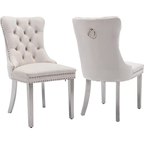 Beige Velvet Dining Chairs Set of 2, Tufted Kitchen & Dining Room Chairs | Two Fabric Dinning Chairs, Velvet Upholstered, Wing Back, Metal Pull Ring, Chrome Legs, Wood Frame, Mid Century Modern - color: A-3 Beige Velvet, Silver Legs, size: 2