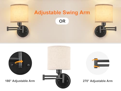 GOODATE Battery Operated Wall Sconce with Remote Control, 15 Colors Dimmable Wireless Wall Sconces Set of Two, Rechargeable Cordless Wall Sconce Light, Swing Arm Wall Lamp with Linen Fabric Shade