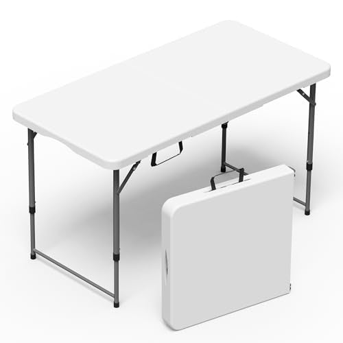 VSOAEIL 4 FT Folding Table,Small Plastic Foldable Table Adjustable Height | 4 Feet Portable Heavy Duty Utility Folding Table with Handle for Picnic Party Dining Camping Indoor Outdoor,White - 4 Foot - color: White, size: 4 FT - 1 PACK