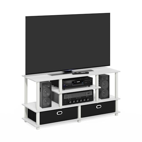 Furinno Jaya TV Stand, 4-Tier Entertainment Center with Open Shelf, TV Console for TV up to 55 Inch with 2 Storage Bins, Toolless Assembly, for Living Room, Bedroom, White - color: White, size: For 55" TV, Plastic Frame