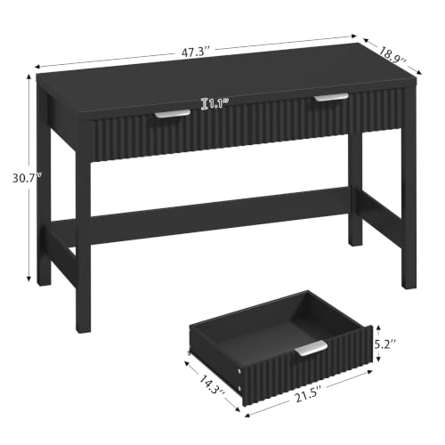 47 Inch Small Fluted Computer Desk with 2 Drawers for Bedroom, Home Office | Small Computer Desk with Storage, Compact Writing Study Vanity Desk for Small Spaces, Black - color: Black, size: 47-Inch Desk