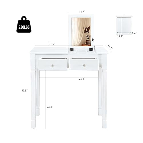LEEMTORIG 31.5" Solid Wood Small Vanity Desk with Flip-top Mirror, Compact Wooden Writing Desk with Drawers, 3 in 1 Secretary Desk/Dressing Table/Nightstand for Small Space, White SZT-D0036-WT - color: White