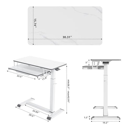 ETHU Overbed Table with Wheels, Medical Table with Drawer, Hospital Bed Table, Workstation Desk, Adjustable Overbed Bedside Rolling Laptop Desk, Marble White | Mobile Table Tray for Sofa Side, Hospital Bed Workstation Table for Home and Office Laptop Use,