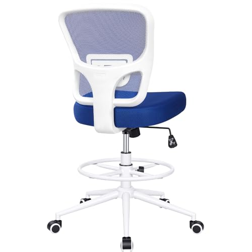 Armless Drafting Chair Tall Office Chair for Standing Desk - Adjustable Height Mesh Ergonomic Stool with Foot Ring, Rolling Counter Height Computer Chair for Small Spaces & Home Office - color: Klein Blue