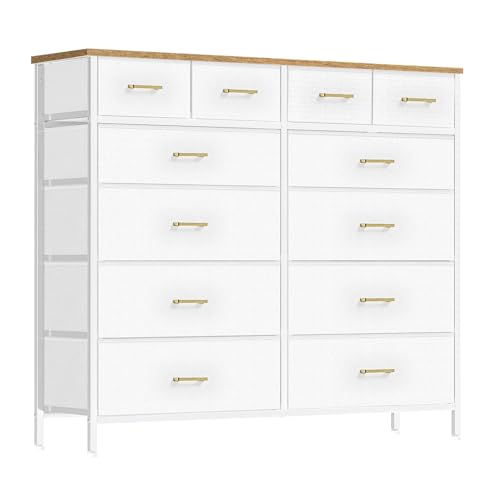 VASICAR Dresser for Bedroom with 12 Deep Drawers, Wide Chest of Drawers | 55" TV Stand with Retro Wood Top, Tall Fabric Dressers for Closet Organizer, Nursery Storage Cabinet (Classic White) - color: White-retro Top