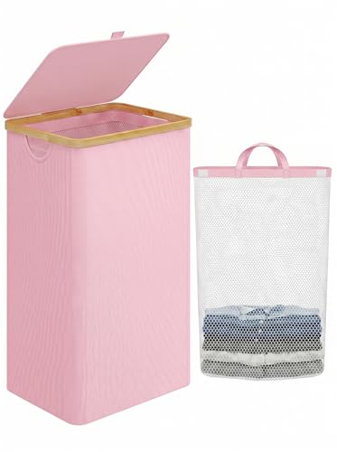IEGrow Laundry Hamper with Lid,110L Laundry Basket with Mesh Bags,Pink | Dirty Clothes Hamper Basket with Bamboo Handle for Clothes Towels - color: Pink, size: 110L