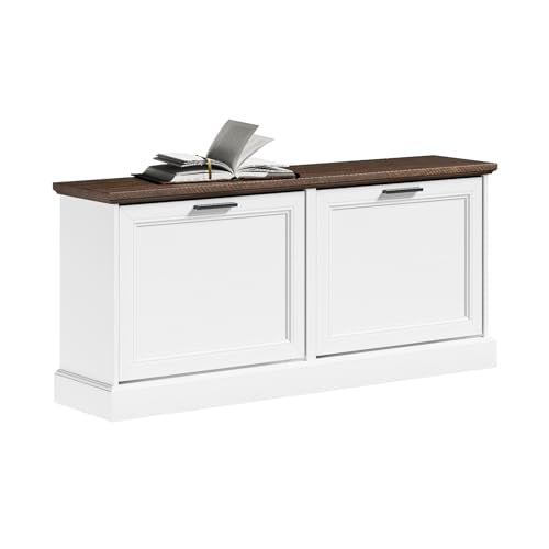 SoBuy Narrow Shoe Bench with Flip Drawers | 2-Tier Shoe Bench, Adjustable Shelf, White Wood Shoe Storage Bench for Small Spaces, Hallway, Foyer