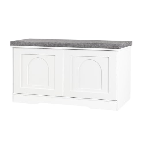 Shoe Storage Bench with Cushion, Door, White 31.5" LX17.7 H | Entryway Bench, 2-Tier Cabinet Bench, Widened Cubby, Fully Adjustable Shelves for Boots, Easy Assembly, Farmhouse, Bedroom - color: White, size: 31.5”L x 17.7”H
