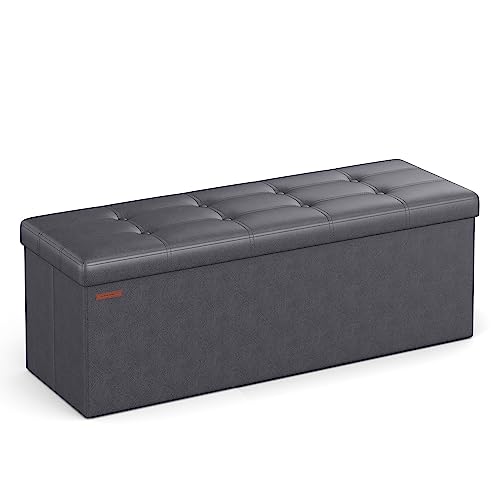 SONGMICS Mazie Collection - 43 Inches Folding Storage Ottoman Bench, Ottoman with Storage, Foot Rest Stool, Load 660 lb, for Living Room, Synthetic Leather, Dark Gray ULSF070G01 - color: Dark Gray, size: 15"D x 43"W x 15"H