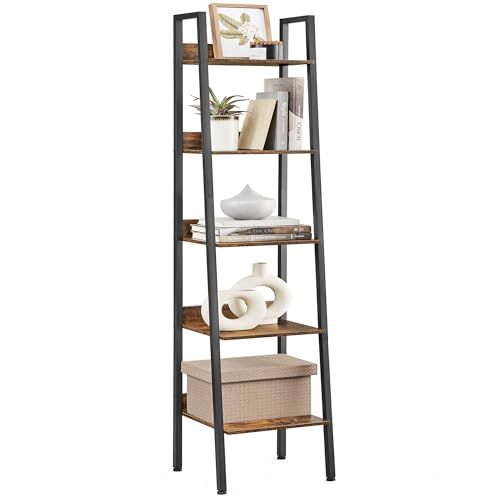 VASAGLE Bookshelf, 5-Tier Narrow Book Shelf, 11.8 x 13.3 x 66.9 Inches, Ladder Shelf for Home Office, Living Room, Bedroom, Kitchen, Rustic Brown and Ink Black ULLS109B01 - color: Rustic Brown + Ink Black, size: 5 Tiers (13.3"W), style: With back panels