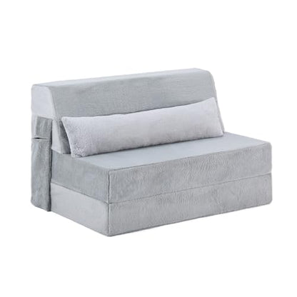 Convertible Folding Sofa Bed Mattress with Pillow & Side Pocket, Plush Fabric Floor Mattress Couch Bed, Washable Cover, Twin Size, White Gray - color: Plush White Gray, size: Twin Size