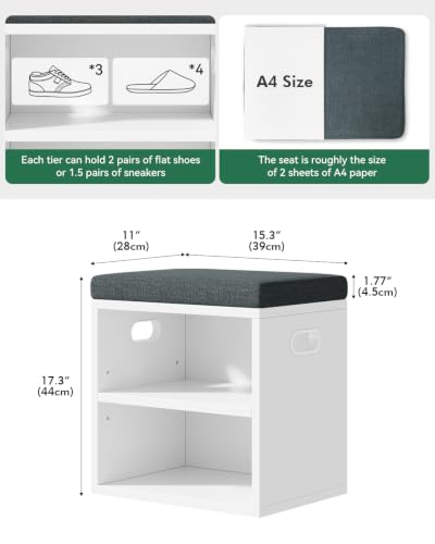 2 Tier Small Shoe Storage Bench White US-FHXD01W | hold up to 4 pairs of shoes, with Adjustable Middle Shelf, Padded Seat Cushion,cut-out handle - color: White