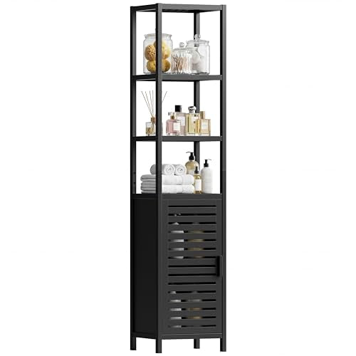 HITNET Bathroom Cabinet Freestanding, Tall Slim Bamboo Storage Cabinet with Single Door and Open Shelves, Space Saving Kitchen Cupboard Organizer, Black - color: Black
